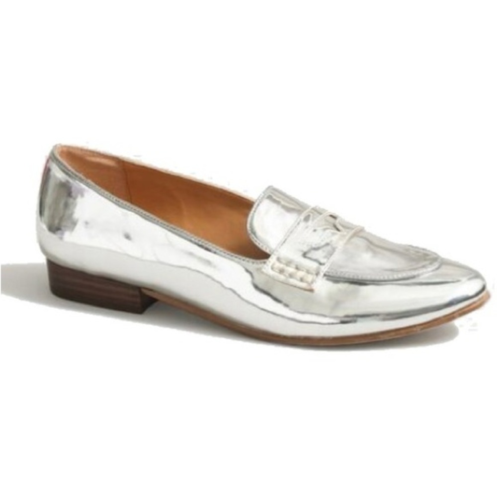 J. Crew Shiny Silver Leather Penny Loafers